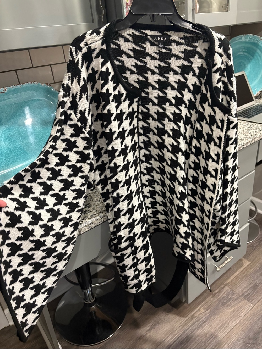 Black and White Houndstooth Open Cardigan Sweater